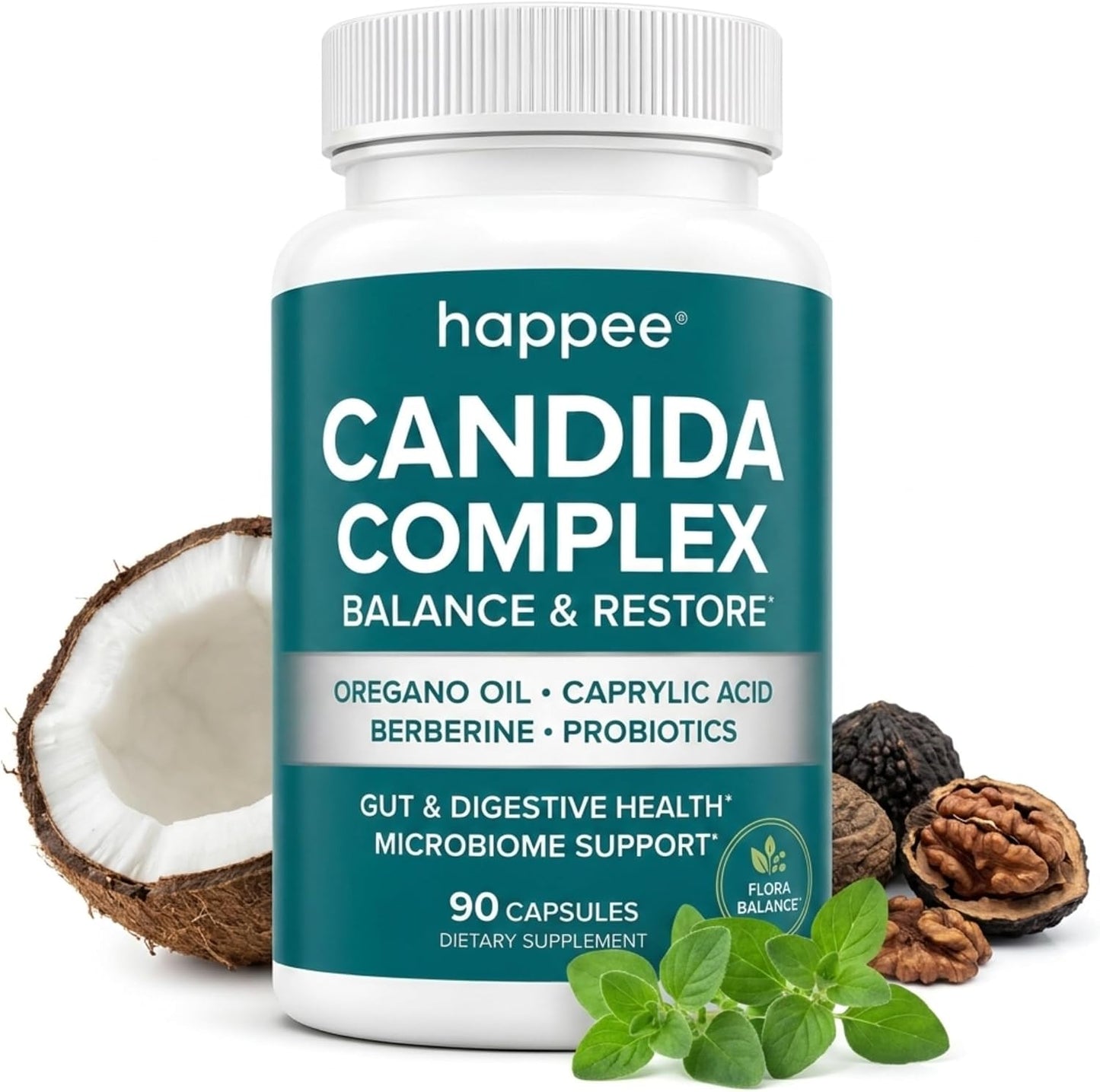 Happee Candida Cleanse Detox Supplement, Gut & Digestive Health, 90 Caps | For Women & Men - Yeast Overgrowth Support – Oregano, Caprylic Acid, Berberine & Probiotics