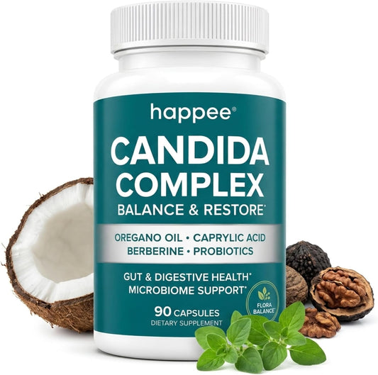 Happee Candida Cleanse Detox Supplement, Gut & Digestive Health, 90 Caps | For Women & Men - Yeast Overgrowth Support – Oregano, Caprylic Acid, Berberine & Probiotics