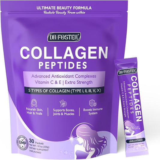 DRFOSTER Multi Collagen Peptides Powder Packets for Women, 30 Sticks Packs | Types I, II, III, V and X, with Antioxidant Blend + Vitamin C & E for Skin, Hair, Nails and Joint Support, Non-GMO