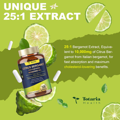 Citrus Bergamot Supplement for High Cholesterol - Italian Citrus Bergamot & Plant Sterols Stanols Natural Way to Balance Cholesterol Level, Vegan, Non-GMO, 120 Counts
