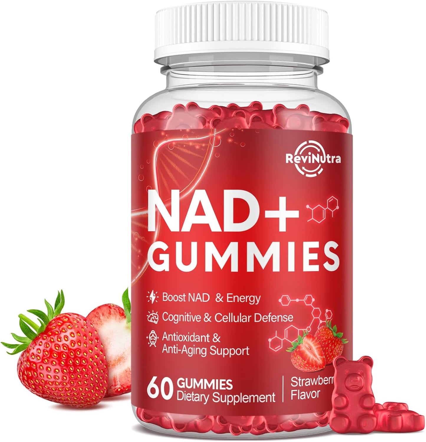 NAD+ Supplement Gummies, NAD Reveratrol Supplement for Women & Men, NAD+ with TMG, ALA, PQQ, CoQ10, Quercetin for Anti-Aging, Brain, Cellular Energy Health, Strawberry Flavor, 60ct