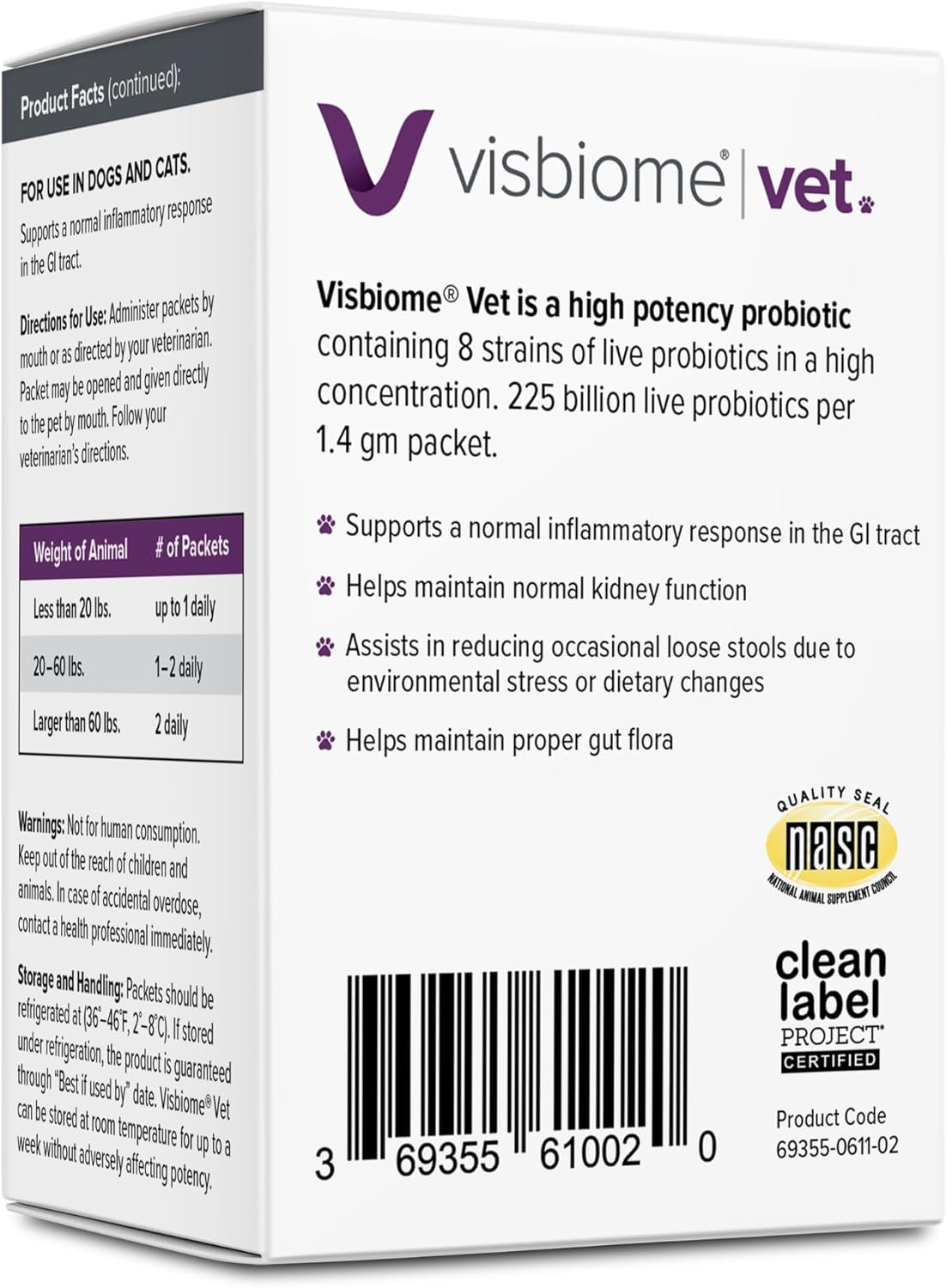 Visbiome® Vet Advanced GI Care Probiotic for Dogs & Cats, 225B CFU, 30 ct | Veterinarian Recommended, De Simone Formulation®, Multi-Strain, Refrigerated Probiotics, Weight-Based Dosing, Made in USA