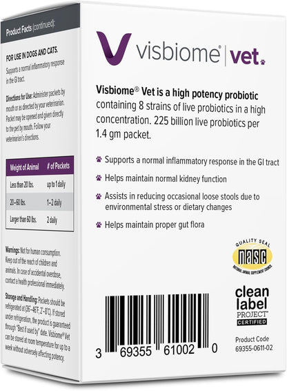 Visbiome® Vet Advanced GI Care Probiotic for Dogs & Cats, 225B CFU, 30 ct | Veterinarian Recommended, De Simone Formulation®, Multi-Strain, Refrigerated Probiotics, Weight-Based Dosing, Made in USA