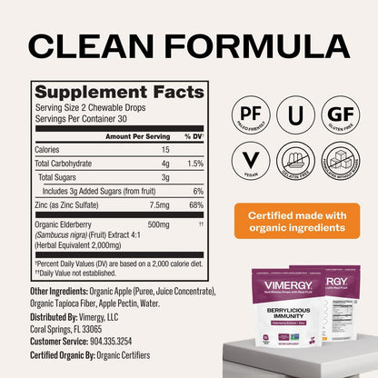 Vimergy NutriDense Berrylicious Immunity* Chewables (500mg Elderberry Extract & 7.5mg Zinc Sulfate per Serving) Vegan, No Artificial Sweeteners, Gluten-Free, Immune Support, 30 Servings (60 Count)