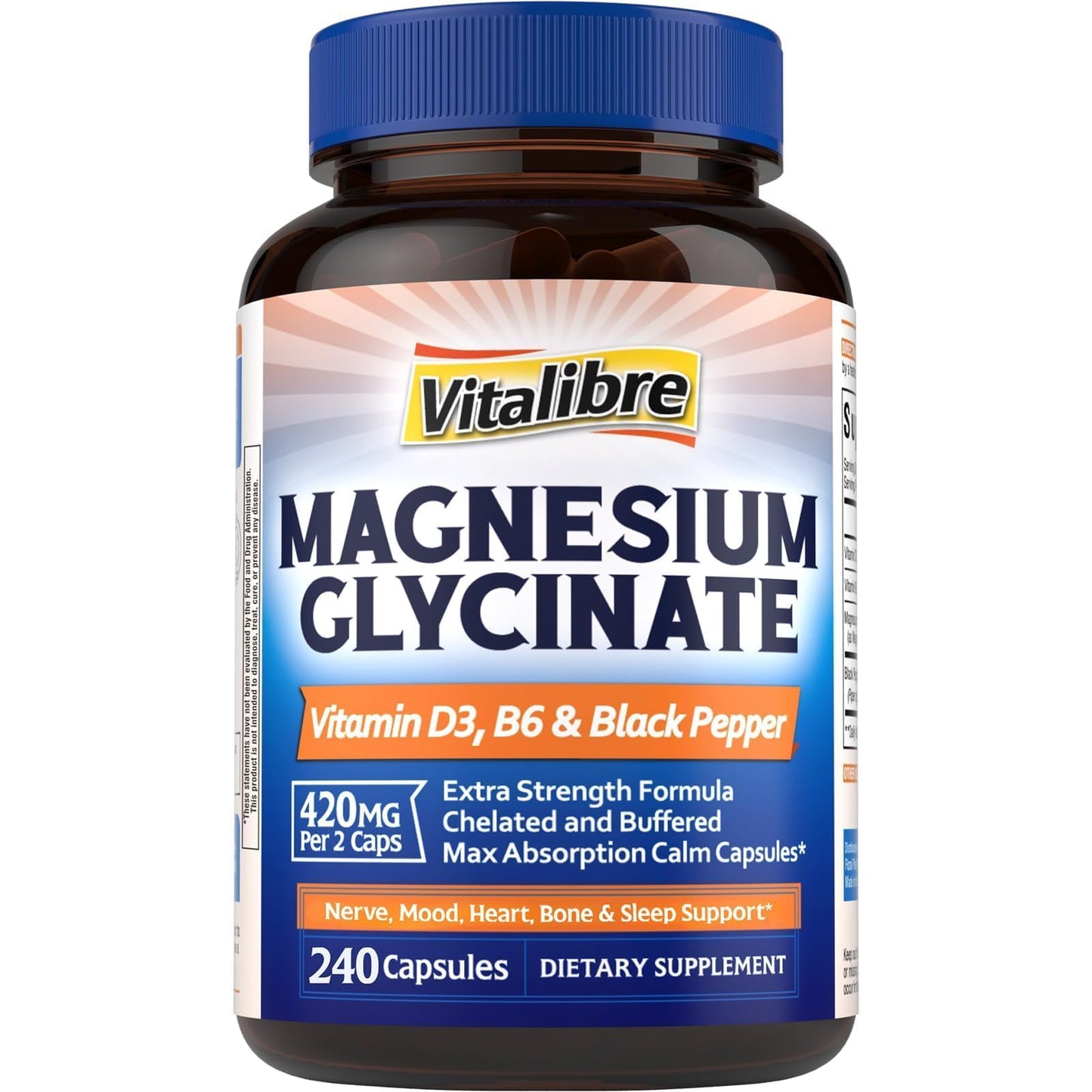 Vitalibre Magnesium Glycinate 420mg with Vitamin D3 B6, 120 Vegan Capsules | Chelated & Buffered Magnesium Supplement | High Absorption for Nerve, Bone, Heart, Mood, Sleep Support, Non-GMO