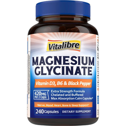 Vitalibre Magnesium Glycinate 420mg with Vitamin D3 B6, 120 Vegan Capsules | Chelated & Buffered Magnesium Supplement | High Absorption for Nerve, Bone, Heart, Mood, Sleep Support, Non-GMO