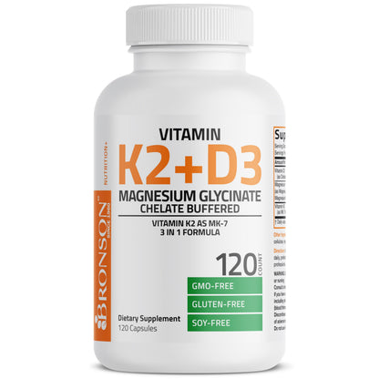Bronson Vitamin K2+D3 Magnesium Glycinate Supplement, 60 Capsules | 3-in-1 Bone & Heart Health Support Formula, Non-GMO, Gluten Free, Soy Free