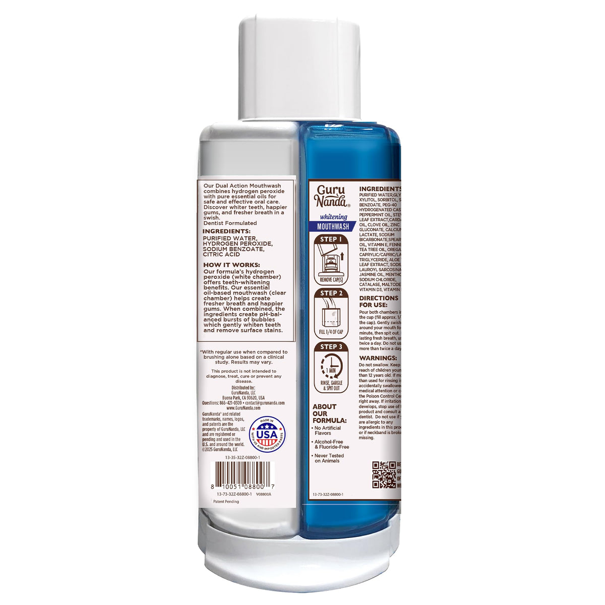 GuruNanda Teeth Whitening Dual Barrel Oxyburst Mouthwash - Alcohol & Fluoride Free, Hydrogen Peroxide to Promote Whiter Teeth - Wild Mint - 20 Fl Oz