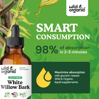 Wild & Organic White Willow Bark Tincture - Liquid Supplement for Overall Support - Alcohol & Sugar-Free White Willow Extract Drops - Salix Alba Bark - Vegan, No Additives - 4 fl oz