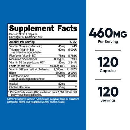 Nutricost High Potency Vitamin B Complex 460mg, 120 Capsules - with Vitamin C - Energy