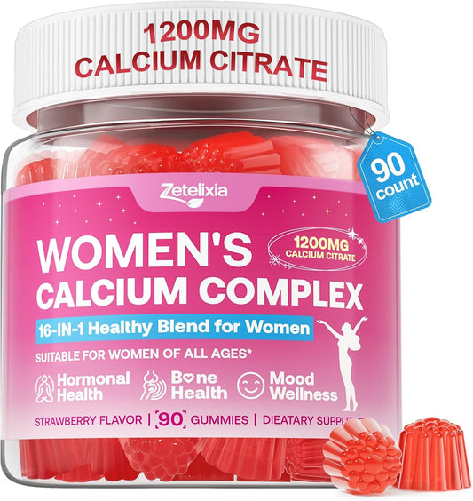 Calcium Gummies for Women, Calcium Citrate 1200mg with Vitamin D3 K2, Collagen & Biotin, B0ne, Teeth, Immune & Hormone Support, Sugar Free, Non-GMO, Gluten-Free, Strawberry Flavor, 90 Count