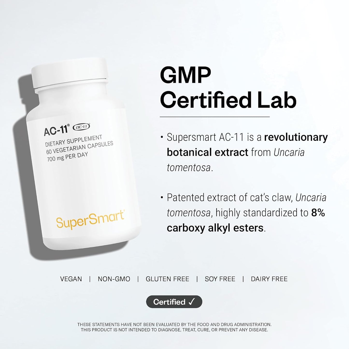 Supersmart AC-11 Supplement 700mg per Day (Cat's Claw Extract) - Uncaria Tomentosa Bark | Non-GMO & Gluten Free - 60 Vegetarian Capsules | Extract from Uncaria tomentosa with plant bioactive ingredients - 60 capsules