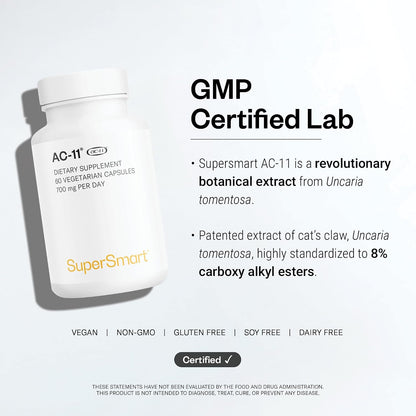 Supersmart AC-11 Supplement 700mg per Day (Cat's Claw Extract) - Uncaria Tomentosa Bark | Non-GMO & Gluten Free - 60 Vegetarian Capsules | Extract from Uncaria tomentosa with plant bioactive ingredients - 60 capsules