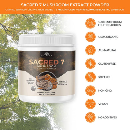 Naturealm Sacred 7 Mushroom Extract Powder - USDA Organic - Lion's Mane, Reishi