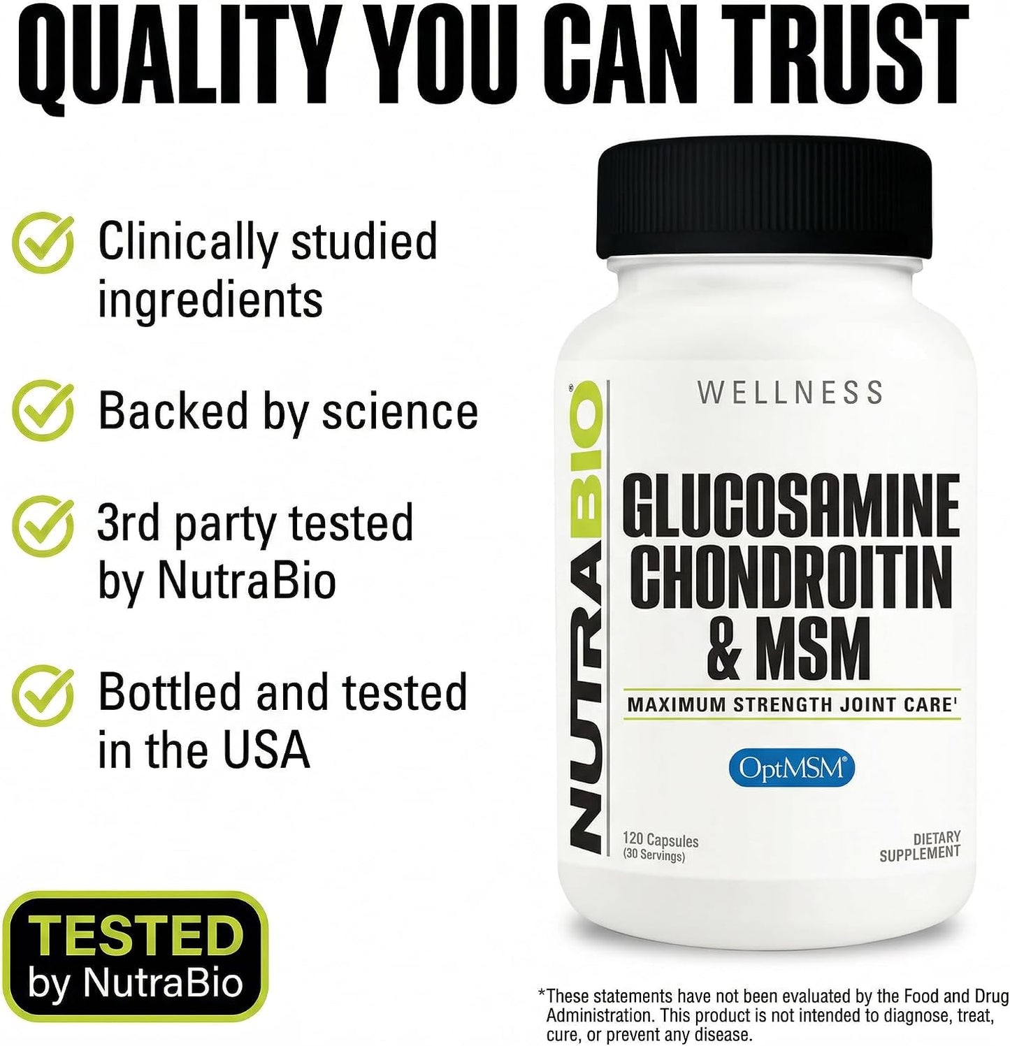 NutraBio Glucosamine Chondroitin & OptiMSM Supplement, Joint Support Formula - 120 Capsules (120 Count)