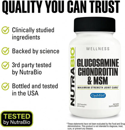NutraBio Glucosamine Chondroitin & OptiMSM Supplement, Joint Support Formula - 120 Capsules (120 Count)