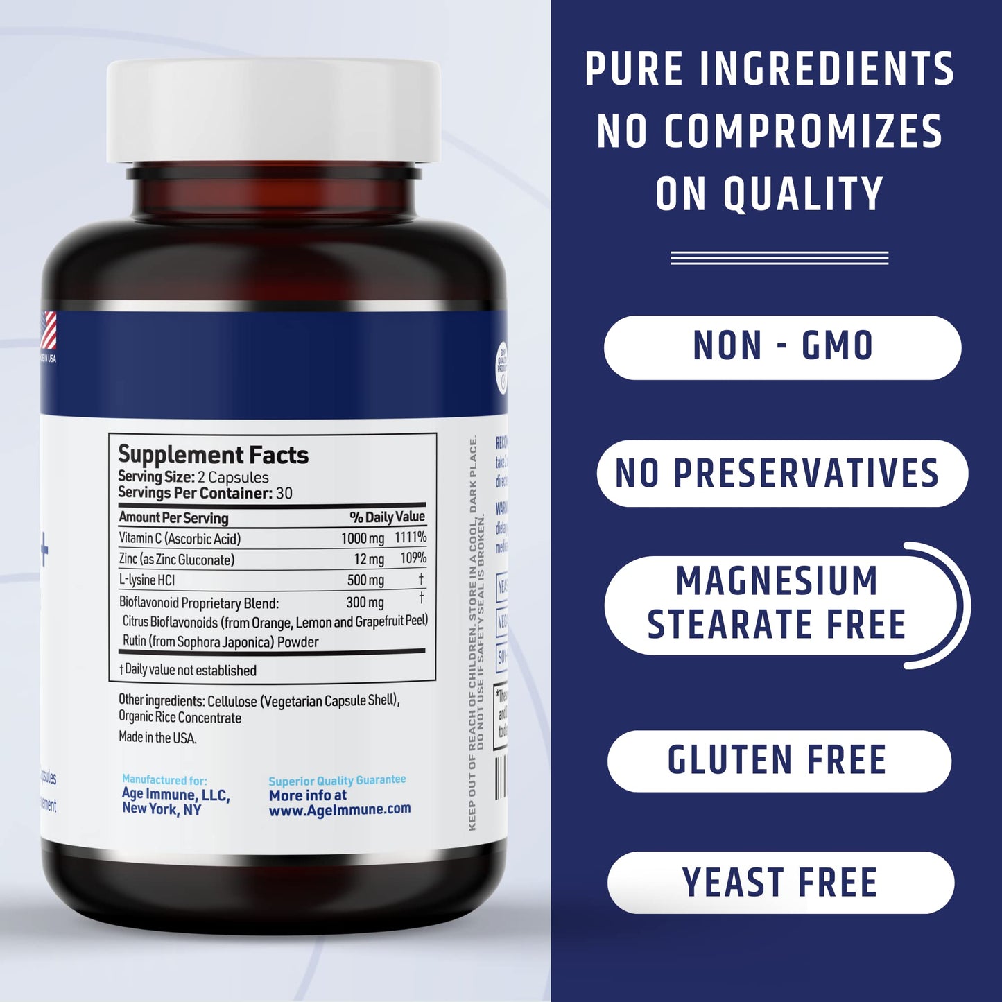 AgeImmune Vitamin C 1000mg Complex with L-Lysine 500mg, Zinc 12mg, Bioflavonoids 300mg. Doctor Formulated Magnesium Stearate Free Supplements for Healthy Immune System Support.(1)