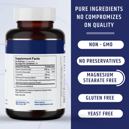 AgeImmune Vitamin C 1000mg Complex with L-Lysine 500mg, Zinc 12mg, Bioflavonoids 300mg. Doctor Formulated Magnesium Stearate Free Supplements for Healthy Immune System Support.(1)