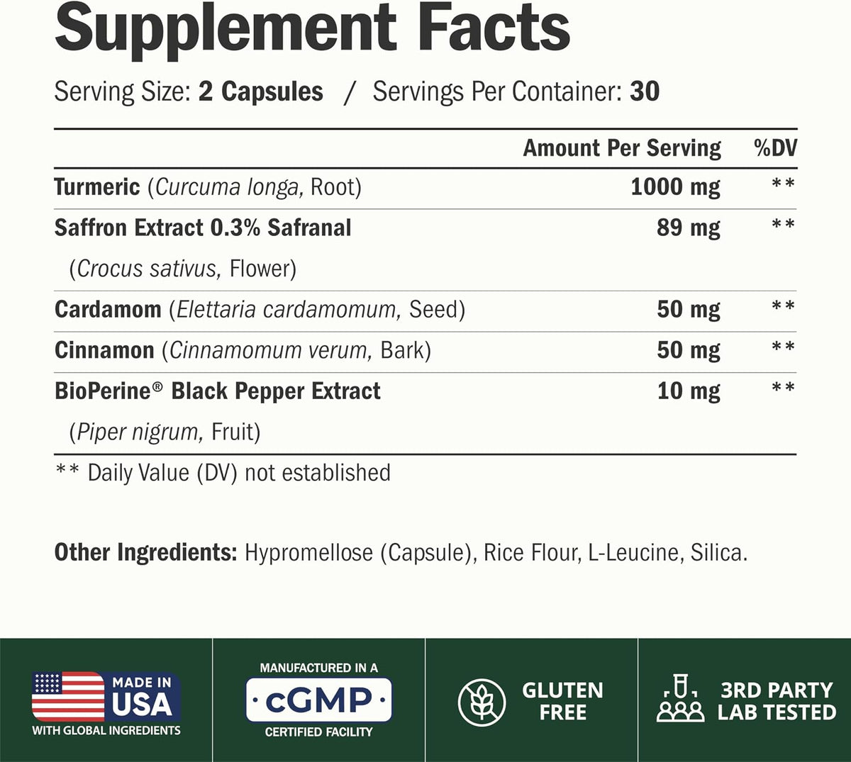 Saffron Supplements w/Saffron Extract 89mg + 1000mg Turmeric Curcumin 60Ct