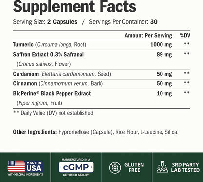Saffron Supplements w/Saffron Extract 89mg + 1000mg Turmeric Curcumin 60Ct