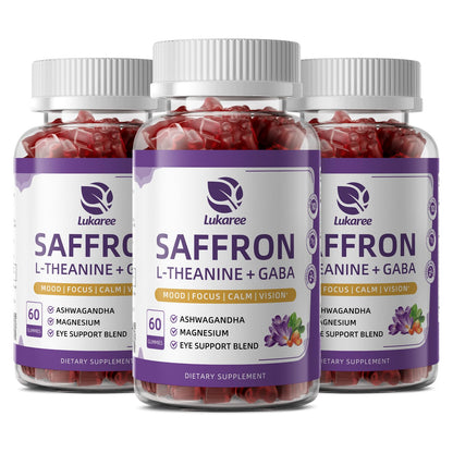 Saffron Gummies 88.5mg with L-Theanine 200mg, GABA for Mood, Focus & Vision | 10-in-1 Supplements for Adults with Ashwagandha, Eye Support Blend, GMP Certified, Sugar Free, Vegan, 60 Day Supply