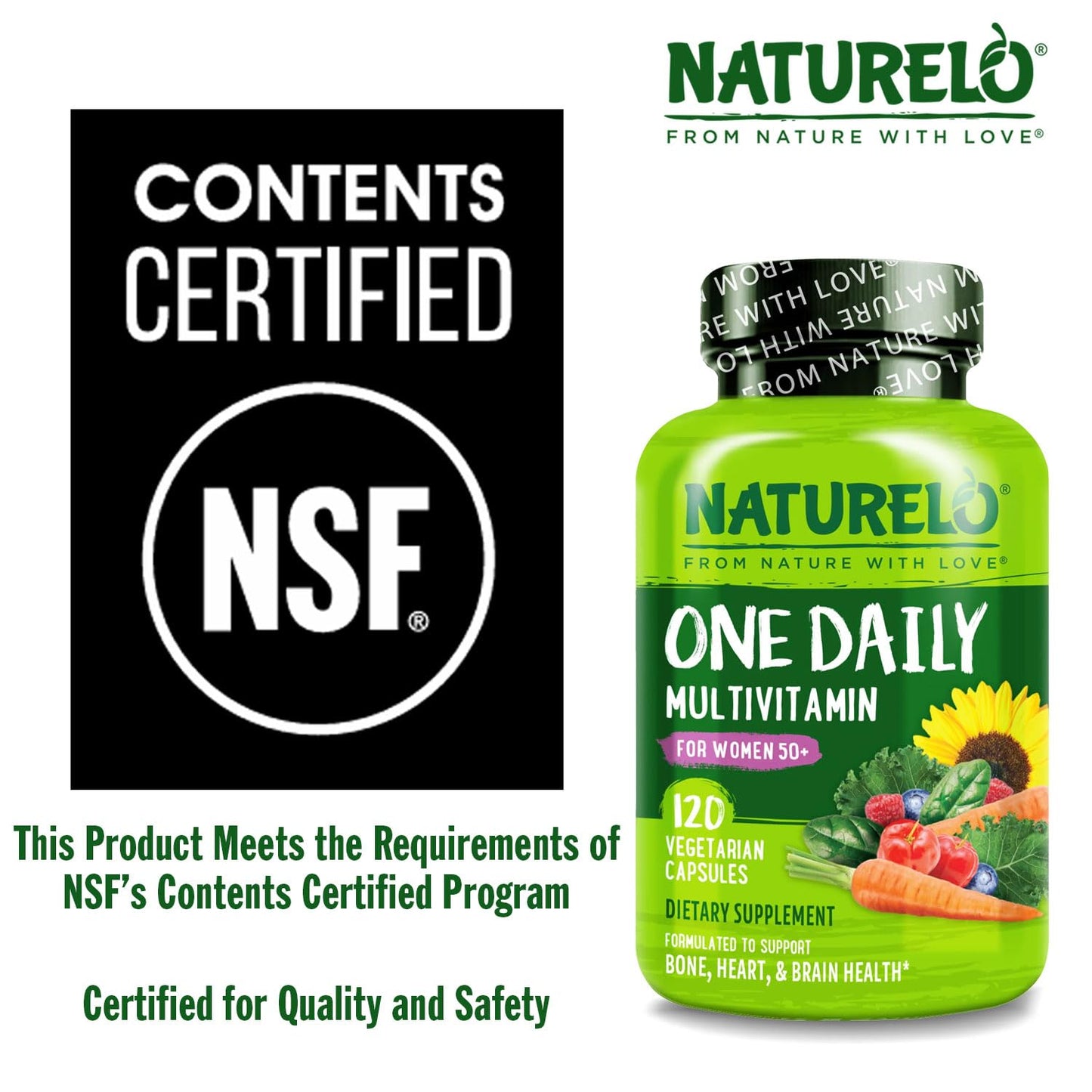 NATURELO One Daily Multivitamin for Women 50+ (Iron Free) - Menopause Support for Women Over 50 - Whole Food Supplement - Non-GMO - No Soy - 60 Capsules - 2 Month Supply