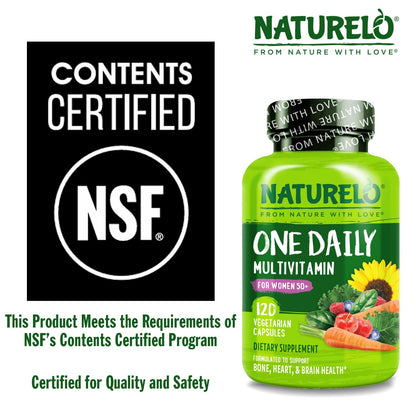 NATURELO One Daily Multivitamin for Women 50+ (Iron Free) - Menopause Support for Women Over 50 - Whole Food Supplement - Non-GMO - No Soy - 60 Capsules - 2 Month Supply