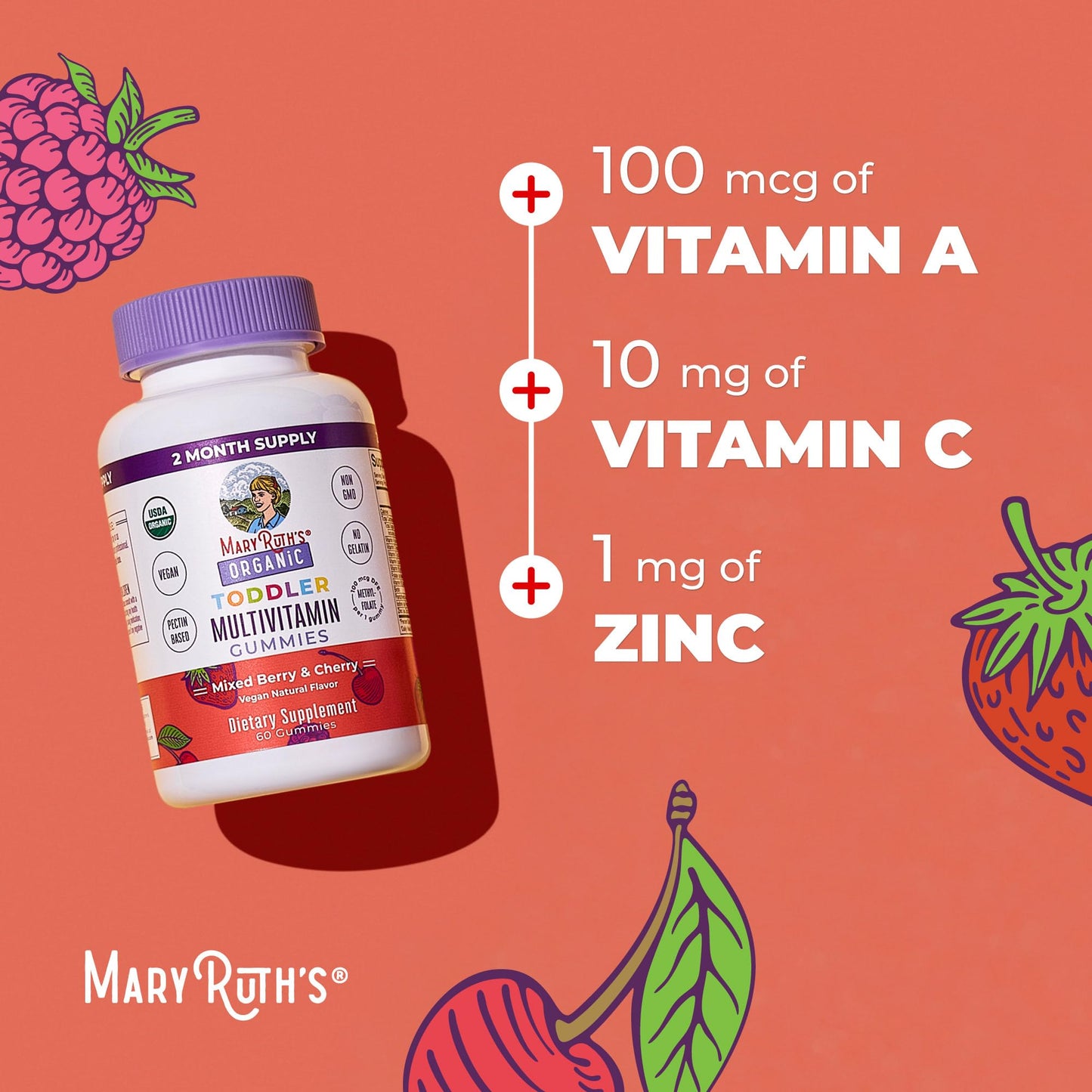 MaryRuth's Toddler Multivitamin Gummies | USDA Organic | 2 Month Supply | Kid & Toddlers Age 2+ Daily Multivitamin: Vitamin C, D3, Zinc | Kids Vitamins | Only 1 Gummy Per Day | 60 Ct (60 Day Supply)
