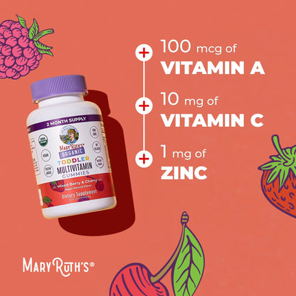 MaryRuth's Toddler Multivitamin Gummies | USDA Organic | 2 Month Supply | Kid & Toddlers Age 2+ Daily Multivitamin: Vitamin C, D3, Zinc | Kids Vitamins | Only 1 Gummy Per Day | 60 Ct (60 Day Supply)