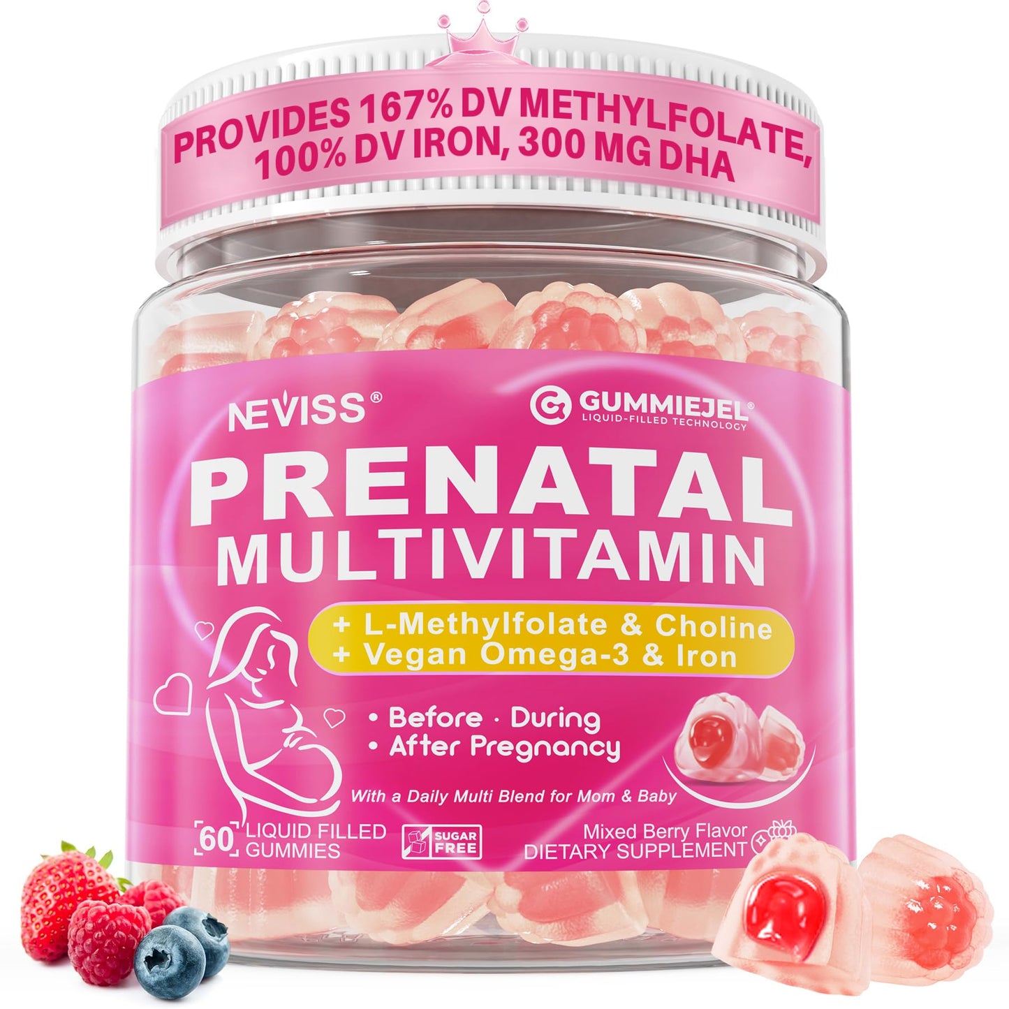 Prenatal Vitamins for Women Multivitamin Gummies w/ Methylfolate 1mg, Choline Omega-3(DHA+EPA) Iron, Postnatal Vitamins for Women Breastfeeding | Before,During & After Pregnancy,Sugar Free,Vegan,60Cts