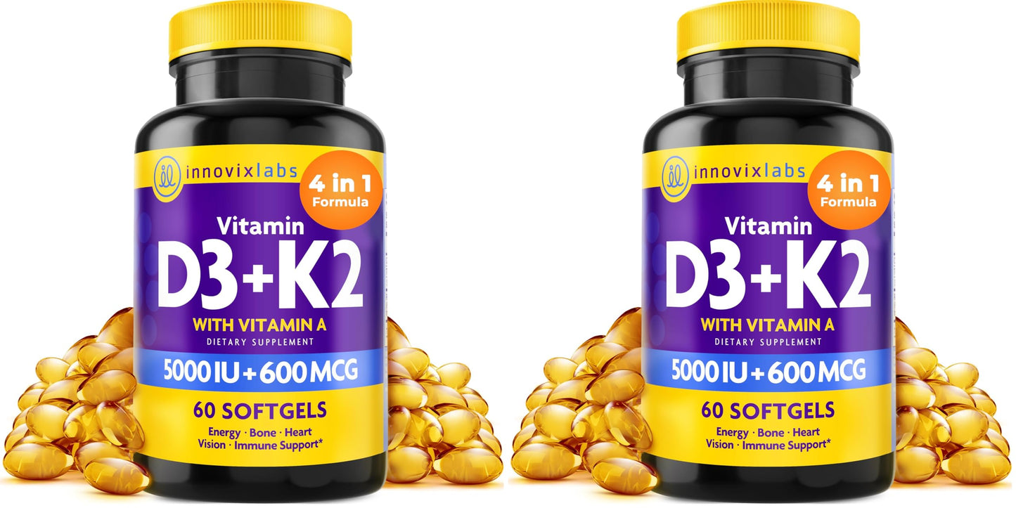 InnovixLabs Vitamin D3 K2-5000 IU Vitamin D3 Plus 600 mcg Vitamin K2 MK4 and MK7 for Max Calcium Absorption, Supports Bone, Immune, Heart Health, 3rd Party Tested, Gluten Free, 60 Softgels