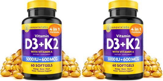 InnovixLabs Vitamin D3 K2-5000 IU Vitamin D3 Plus 600 mcg Vitamin K2 MK4 and MK7 for Max Calcium Absorption, Supports Bone, Immune, Heart Health, 3rd Party Tested, Gluten Free, 60 Softgels