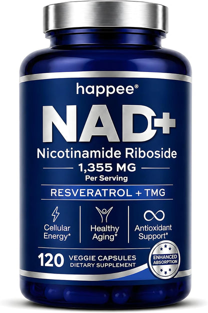 Happee NAD+ Nicotinamide Riboside Resveratrol Supplement Women Men 120ct | For Healthy Aging, Mental Clarity & Cellular Energy - 1355mg 6-in-1 NAD+ Supplement with NR & TMG
