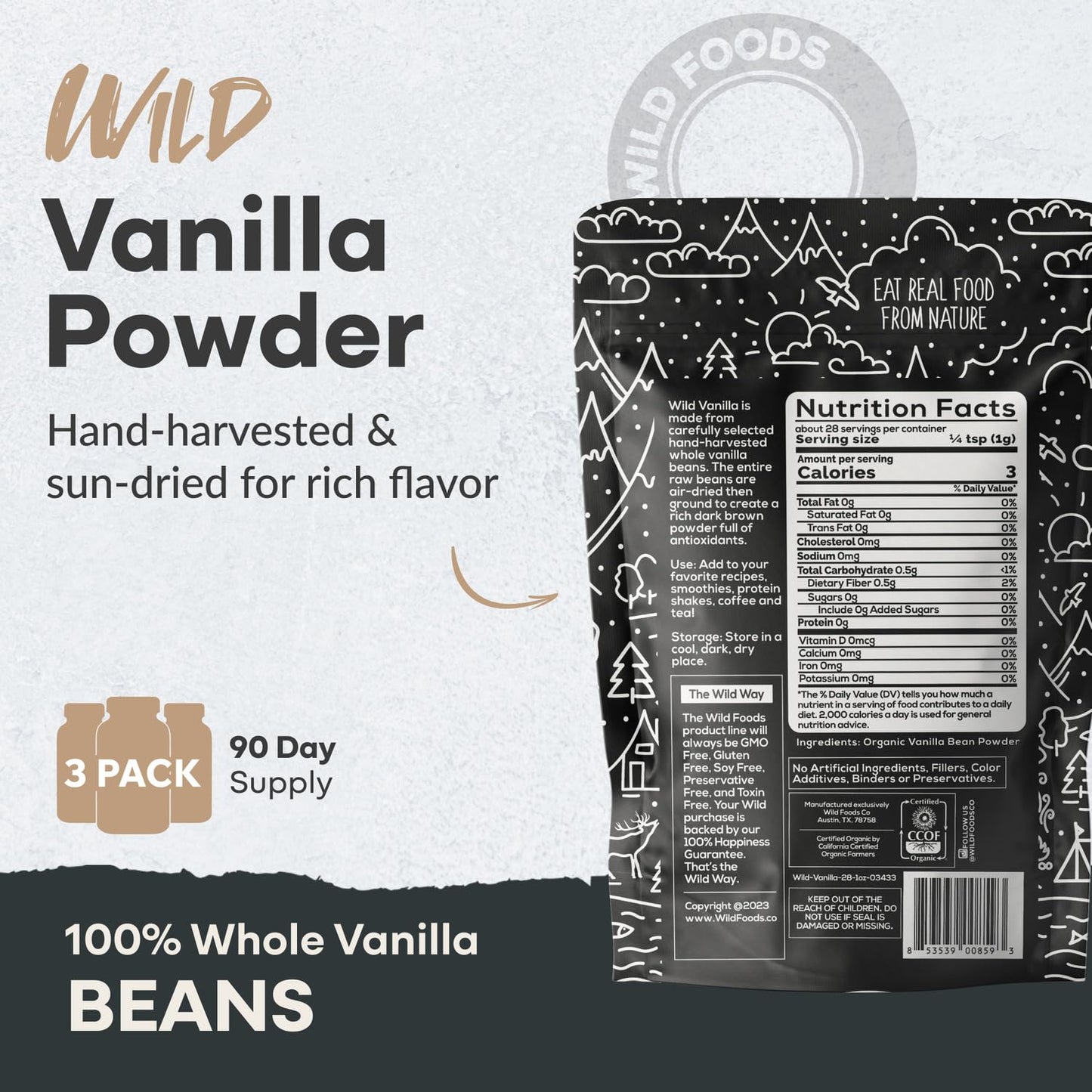 Wild Foods Organic Vanilla Bean Powder - All Natural Pure Vanilla from Madagascar - For Baking Cooking Coffee Flavoring & Smoothies - Unsweetened Gluten Free Non GMO Superfood (1 ounce)