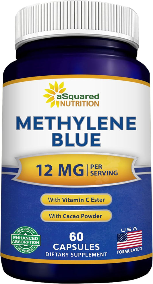 Methylene Blue Capsules - Pharmaceutical Grade Supplement - 12mg/Serving | USP Grade Methylene Blue for Humans w/ Vitamin C & Cacao Powder - Brain, Focus, Energy - Alt to Gummies, Drops & Tablets