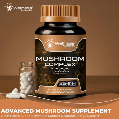 WELLNESS LABSRX Mushroom Supplement Capsules 10:1 Extract, Mushroom Complex Capsules 1000mg, Lions Mane Supplement with Turkey Tail, Cordyceps, Reishi - 120 Count