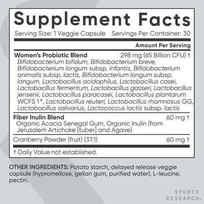 Sports Research Women's Probiotics with Prebiotics, 65 Billion CFU - Vegan Capsules for Gut Health & Digestive Support, Probiotics for Women with Cranberry - Non-GMO Verified & Gluten Free - 30 Count