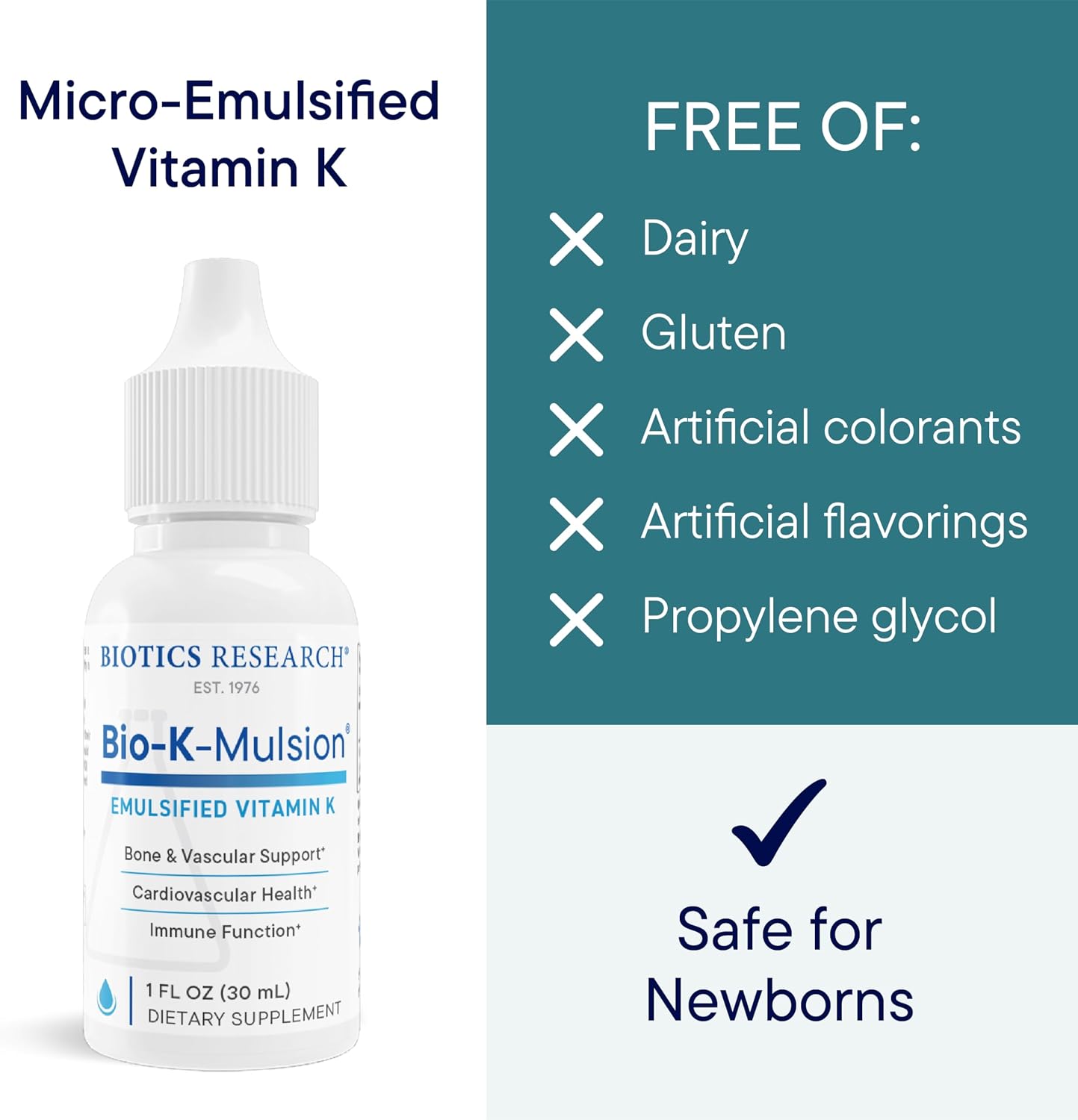 BIOTICS RESEARCH Bio K Mulsion Liquid Vitamin K Drops - 500 mcg/S - Vitamin K1 phytonadione for Adults - VIT K Supplement - Strong Bones, Heart Health, Blood Clotting Support, 1 fl oz