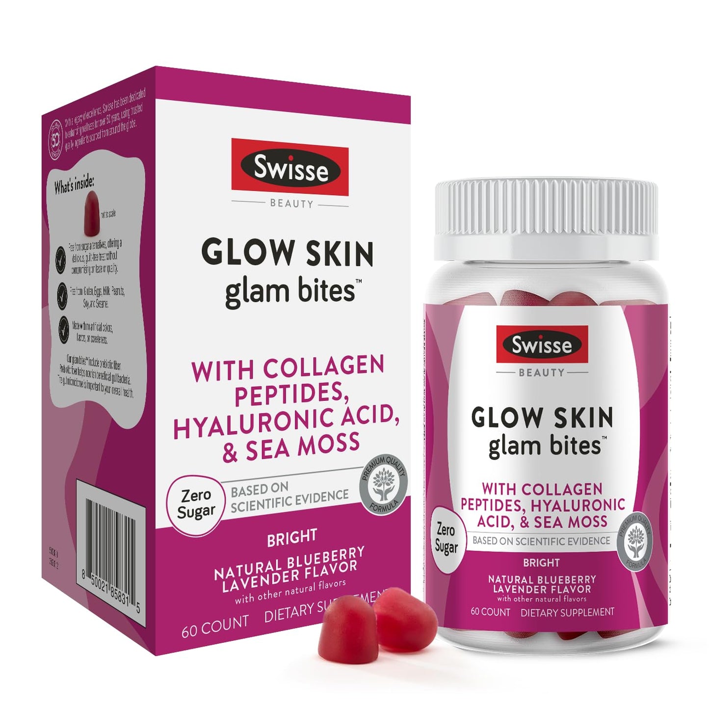 Swisse Glow Skin Glam Bites – Collagen Peptides, Hyaluronic Acid & Sea Moss – Supports Skin Elasticity & Hydration – Zero Sugar Gummies for Adults – Blueberry Lavender Flavor, 60 Count