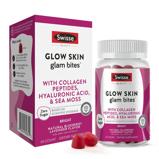 Swisse Glow Skin Glam Bites – Collagen Peptides, Hyaluronic Acid & Sea Moss – Supports Skin Elasticity & Hydration – Zero Sugar Gummies for Adults – Blueberry Lavender Flavor, 60 Count