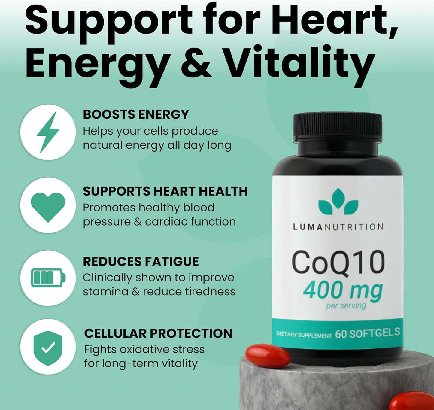 Luma Nutrition CoQ10 400mg Softgel Supplement - 60 Liquid Softgels