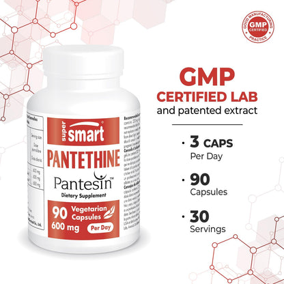 Supersmart - Pantesin Pantethine 600 mg per Day (Pantothenic Acid) - Active Vitamin B5 Supplement | Non-GMO & Gluten Free - 90 Vegetarian Capsules