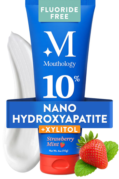 Mouthology 10% Nano Hydroxyapatite Toothpaste Fluoride Free, Whitening*, Rod Shaped nHA, Xylitol Toothpaste for Adults, Enamel Care*, Sensitive Teeth*, SLS Free, Mint 4oz (USA Made) Package May Vary