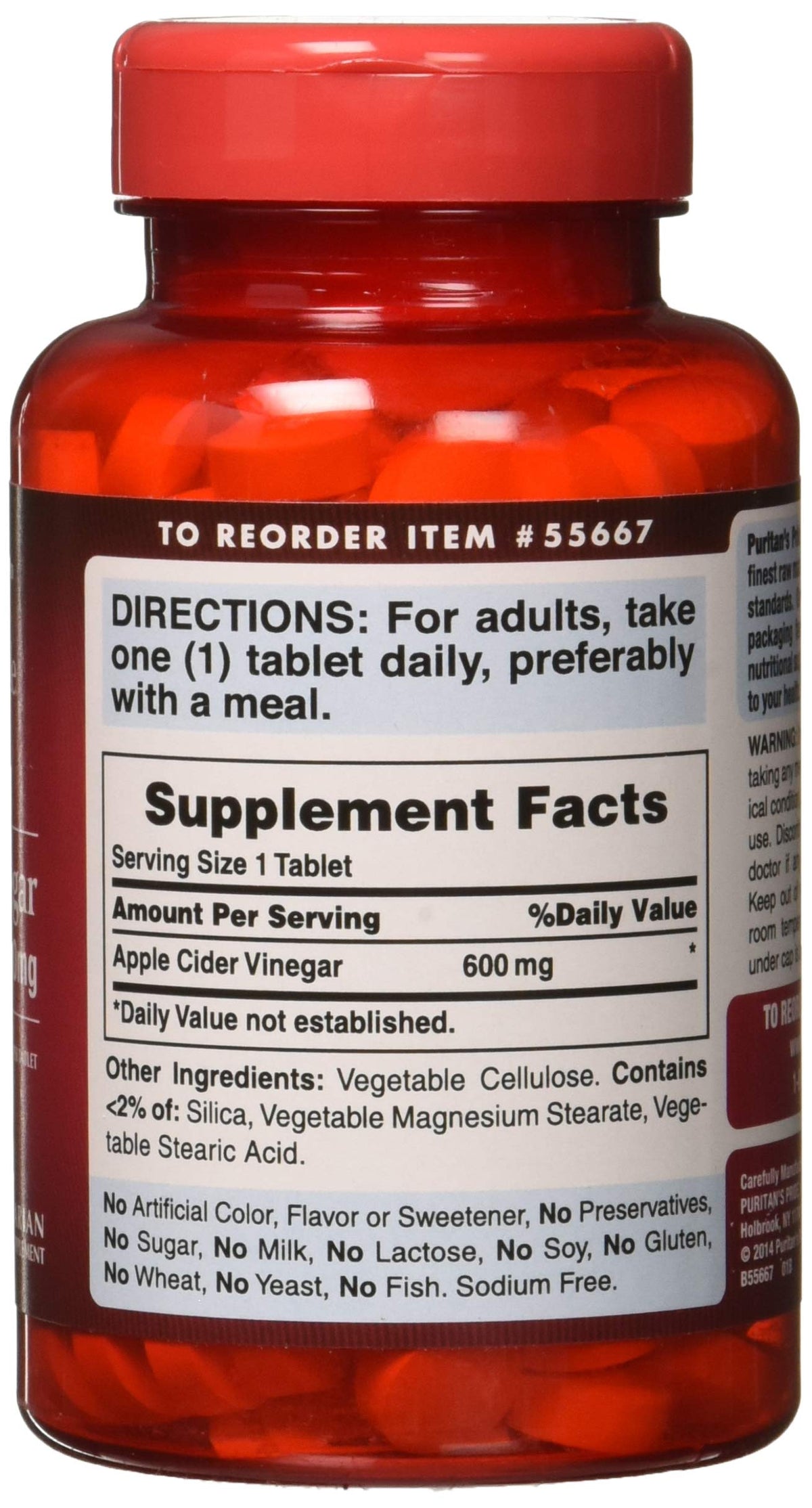Puritan's Pride Apple Cider Vinegar 600 mg Tablets, 200 Count (Packing May Vary)