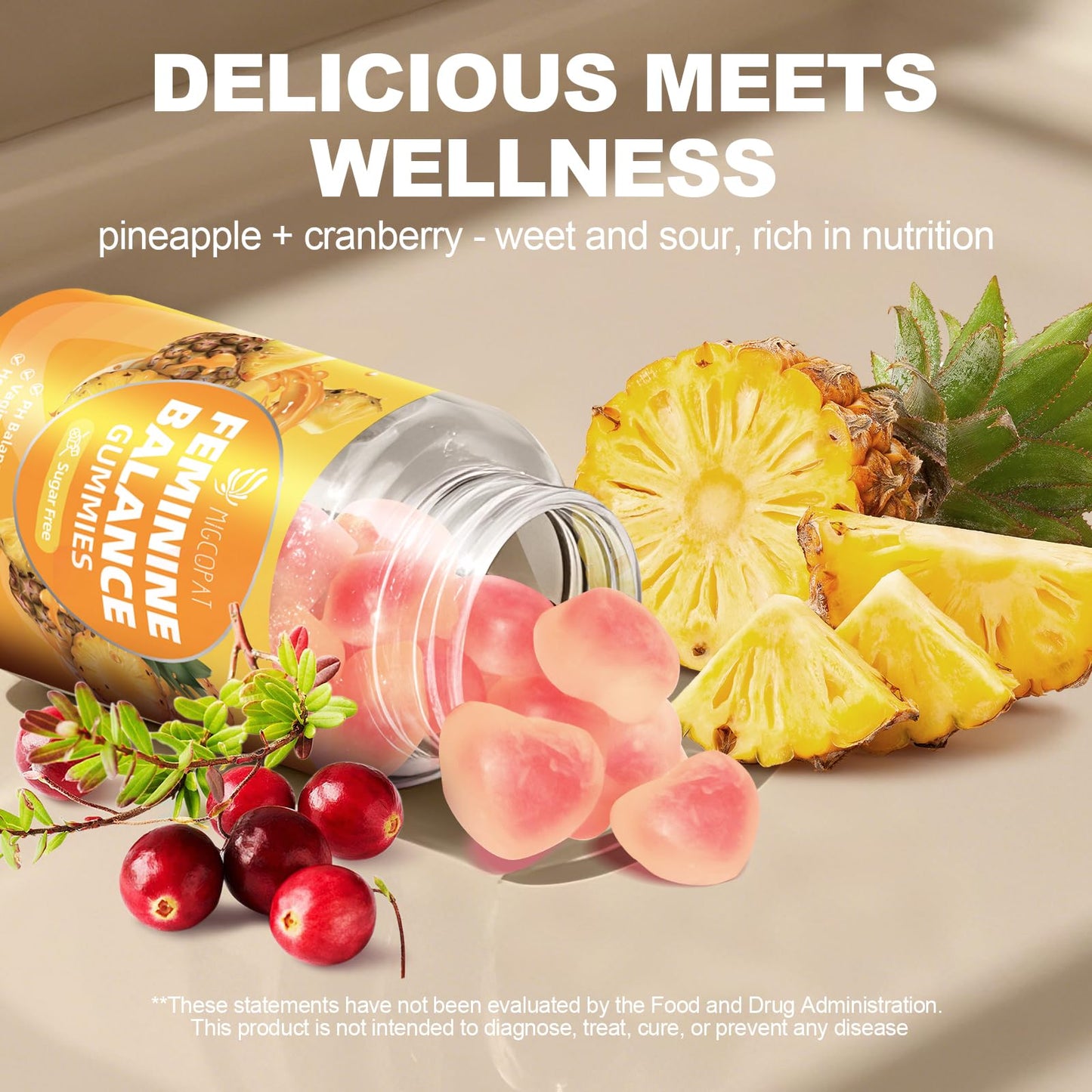 Migcopat Premium Feminine Balance Gummies, Women’s Health Probiotics - 100 Billion CFU Probiotics - Immune Support, Gut Health, Hormone Balance, PH Balance Vitality, Pineapple Flavor, 60 Count