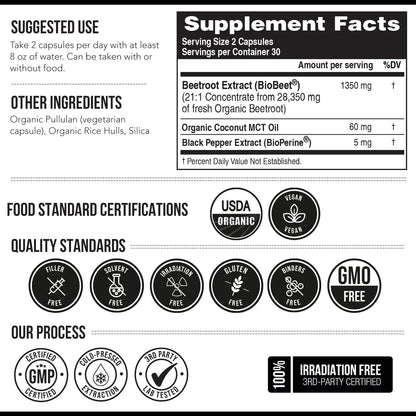 BioBeet® Max Strength Beet Root Capsules - 21:1 Concentrate, Each Serving Derived from 28,350 mg Organic Beetroot - Absorption Enhancement with BioPerine® Black Pepper Extract (60 Capsules)