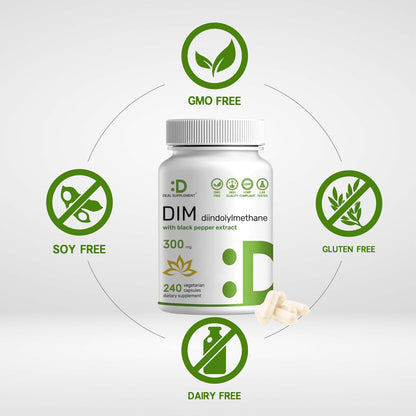 DIM Supplement 300mg with Black Pepper, 240 Vegetarian Caps, 4 Months Supply | 2-in-1 Dim Supplement for Women & Men | Diindolylmethane Plus Black Pepper Extract for Enhanced Absorption*