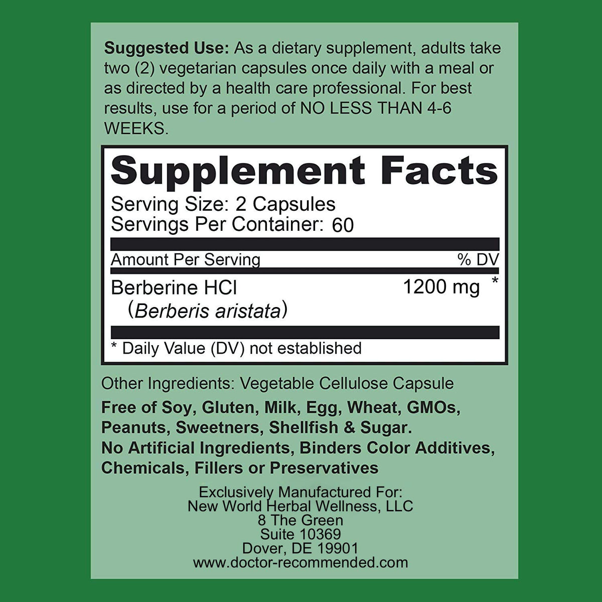 DOCTOR RECOMMENDED SUPPLEMENTS Berberine Plus 1200mg Per Serving - 120 Veggie Capsules with Royal Jelly