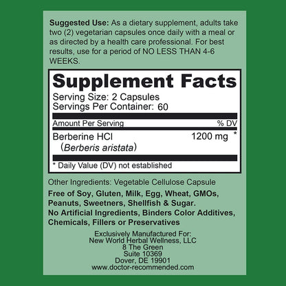 DOCTOR RECOMMENDED SUPPLEMENTS Berberine Plus 1200mg Per Serving - 120 Veggie Capsules with Royal Jelly