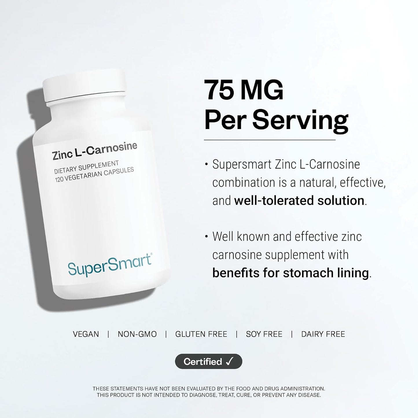 SuperSmart - Zinc L-Carnosine 75mg per Day (Well-Tolerated) - Zinc Carnosine Supplement | Non-GMO & Gluten Free - 120 Vegetarian Capsules
